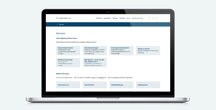 Ein Teiler der österreich.gv.at Seite Services mit grauen Kästen die digitale Amtsservices beschreiben