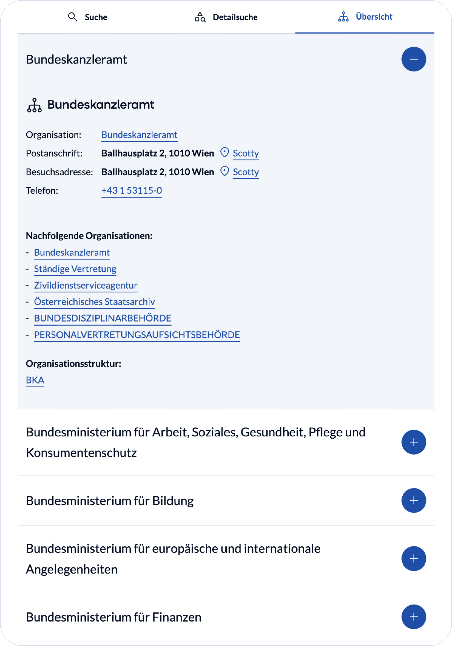 Übersicht der Organisationen mit aufklappbaren Elementen, geöffnetes Element "Bundeskanzleramt" mit Adressen, Kontaktdaten und Nachfolgeorganisationen