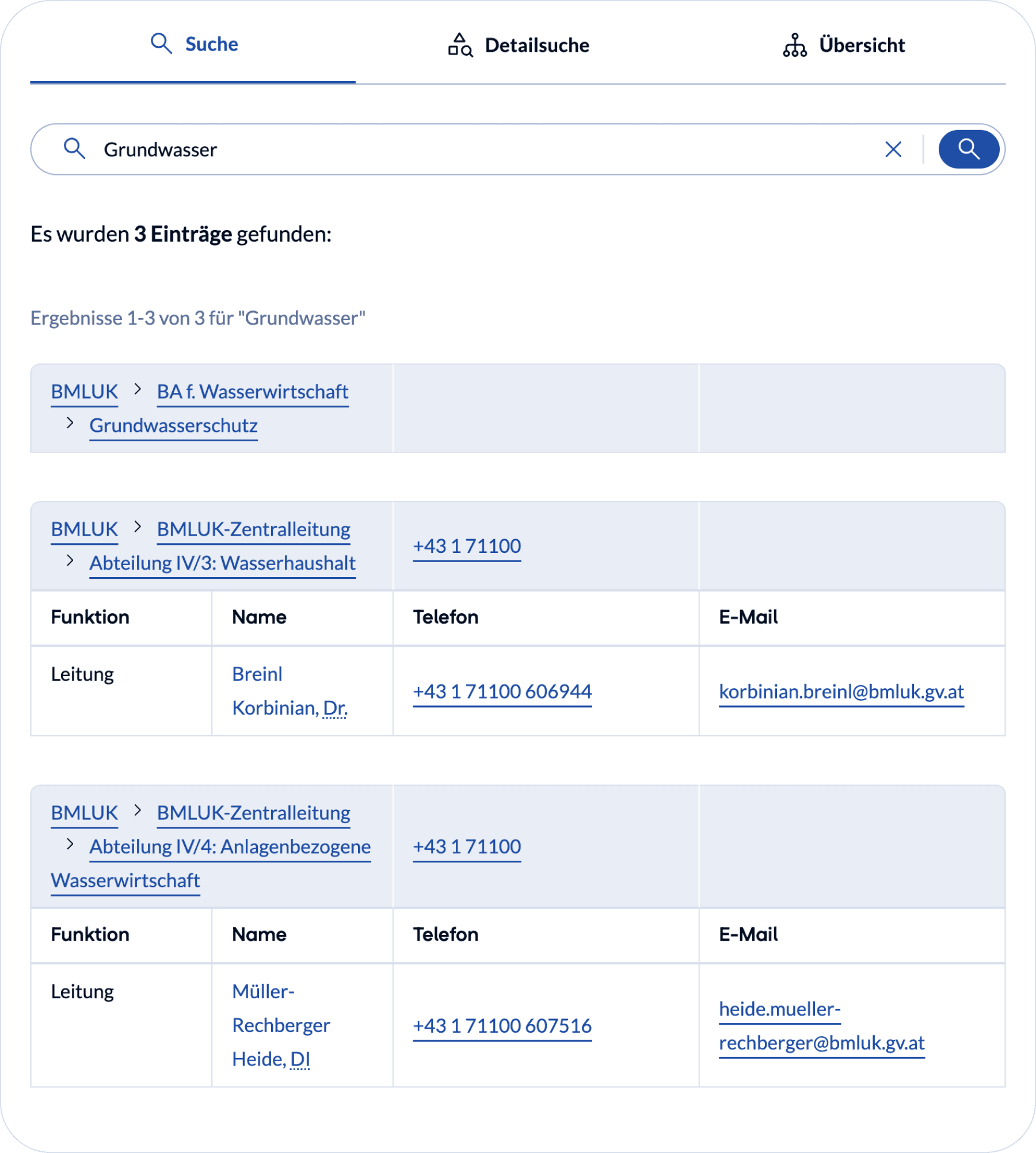 Suchergebnis bei Suche nach "Grundwasser" mit Funktionen, Namen, Telefonnummern und E-Mail-Adressen