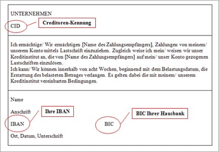 Beispiel Mandat zur SEPA-Lastschrift