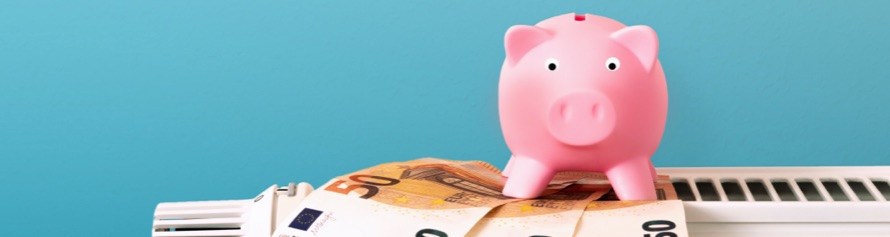 heating and energy costs, price increase, save money, piggy bank on radiator, Euro bank notes