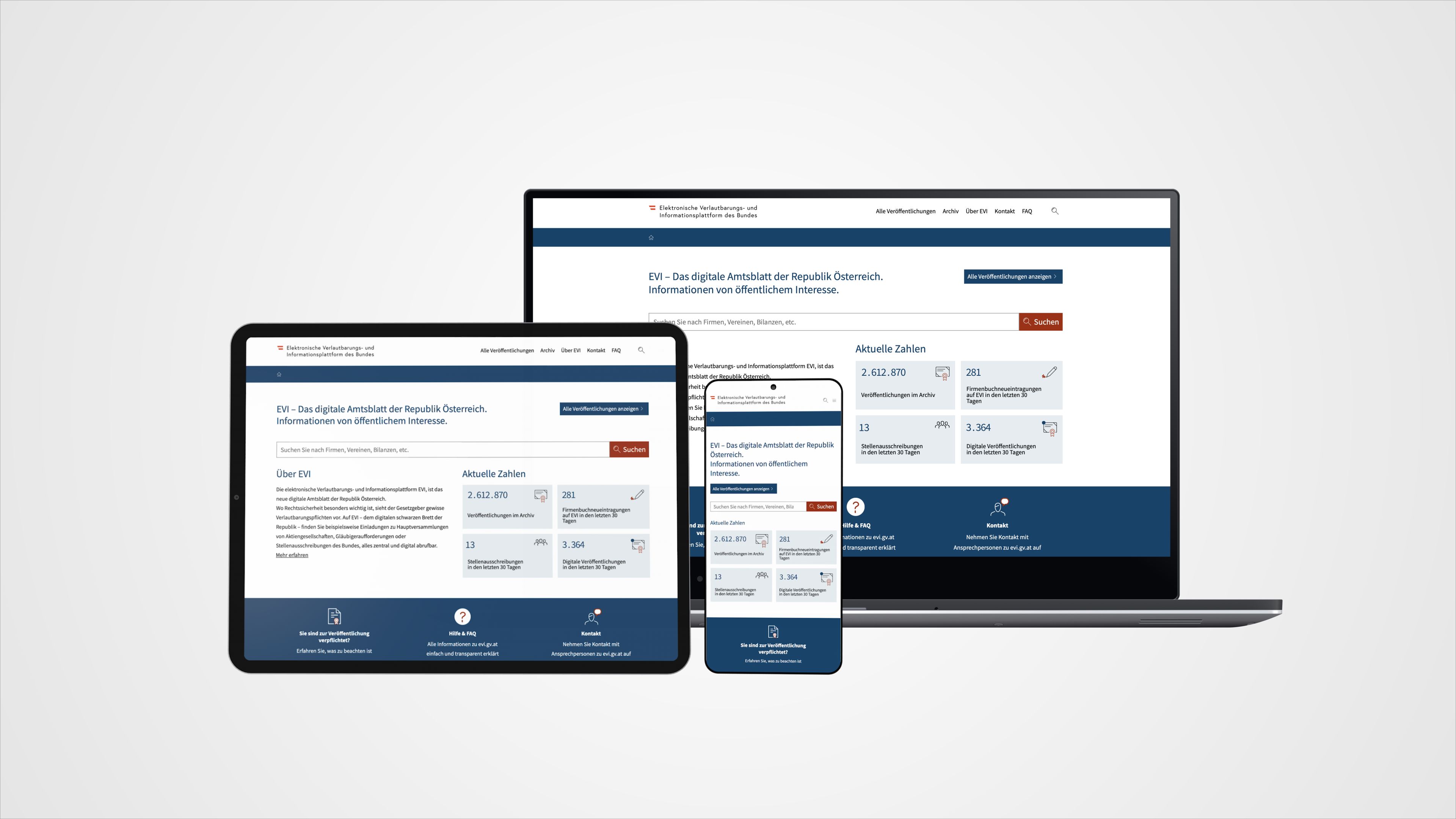 Ein Tablett, ein Handy und eine Laptop auf deren die Startseite von Evi.gv.at zu sehen ist