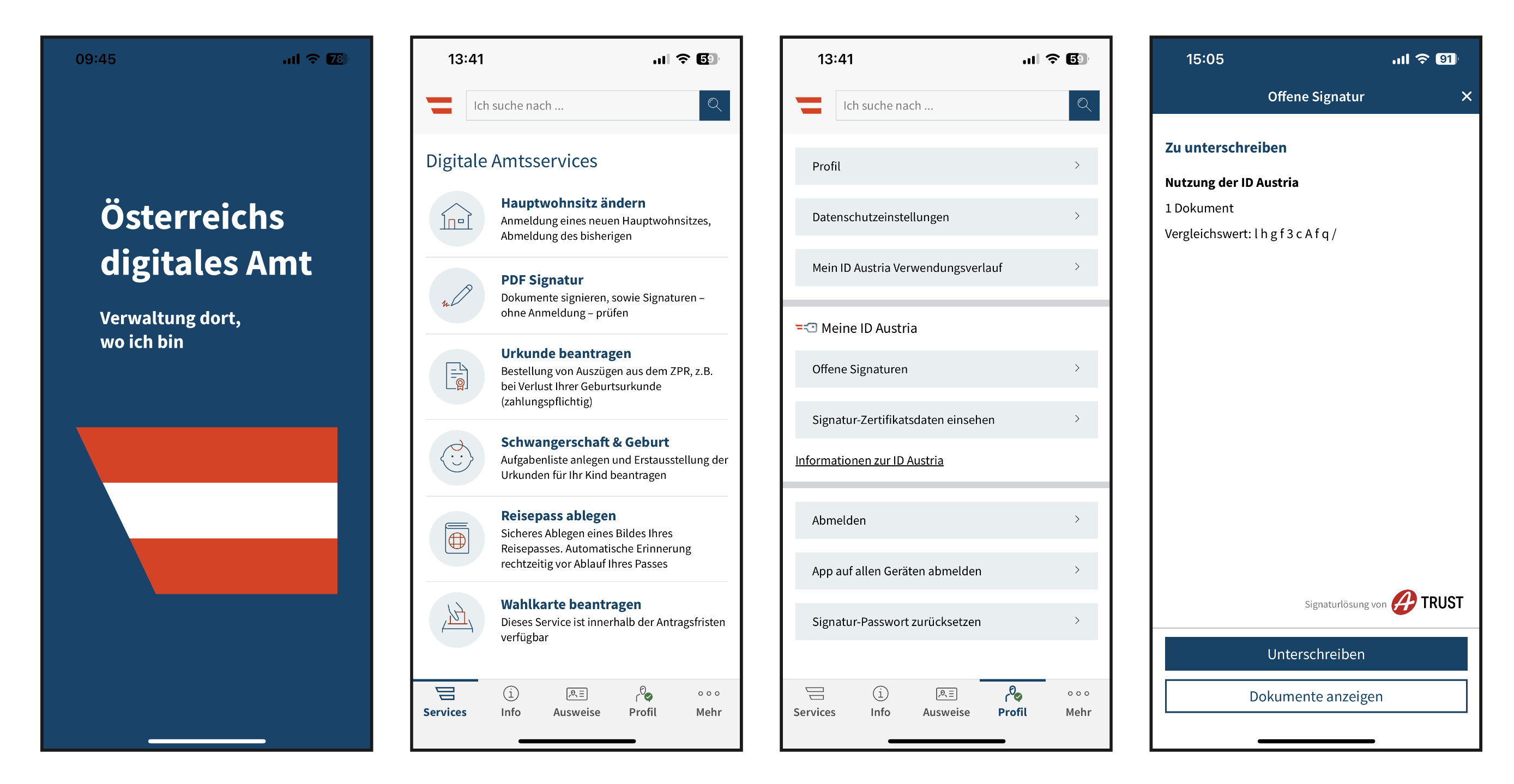 Vier Bilder vonk Smartphone-Bildschirmen mit Amtsservices und Auswahlmöglichkeiten der APP