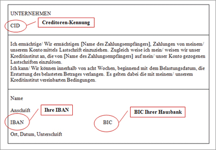 Beispiel Mandat zur SEPA-Lastschrift